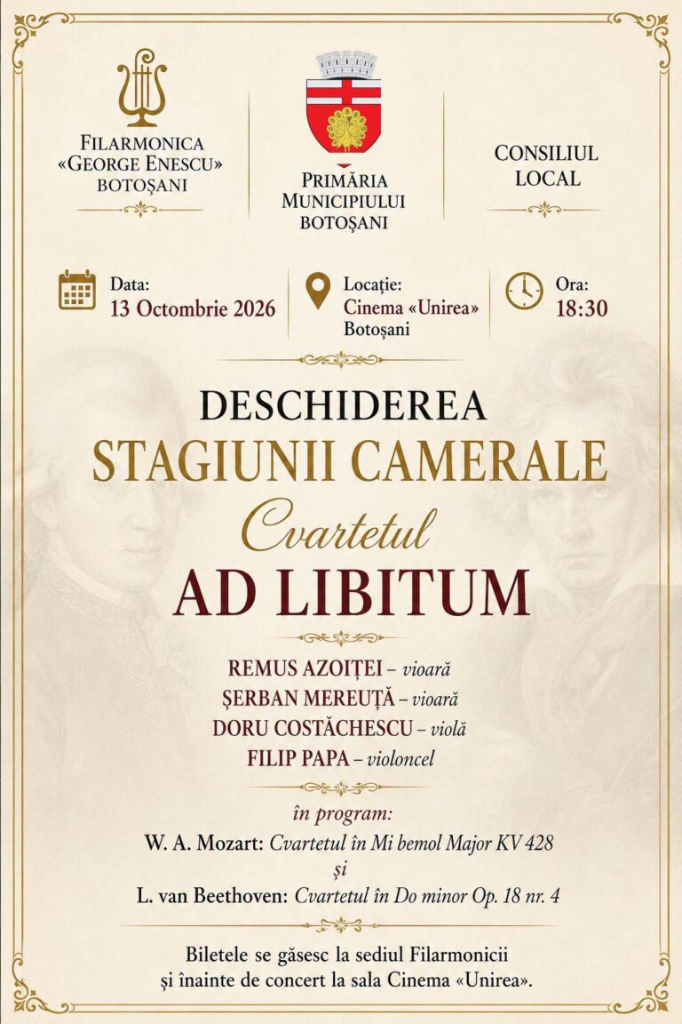 Afiș Deschiderea stagiunii camerale – Cvartetul Ad Libitum, 13 octombrie 2026