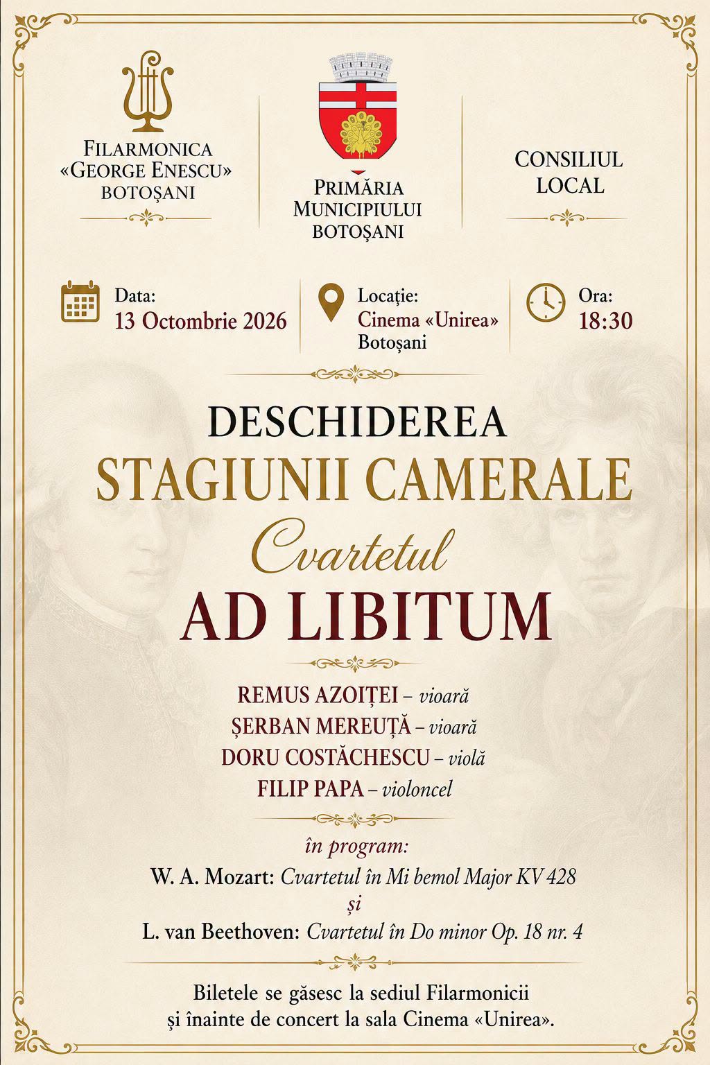 Afiș Deschiderea stagiunii camerale – Cvartetul Ad Libitum, 13 octombrie 2026